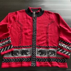Timberlea Sweater Medium Red Bear Embroidered Zip Up Knit Raime Cotton Cabincore